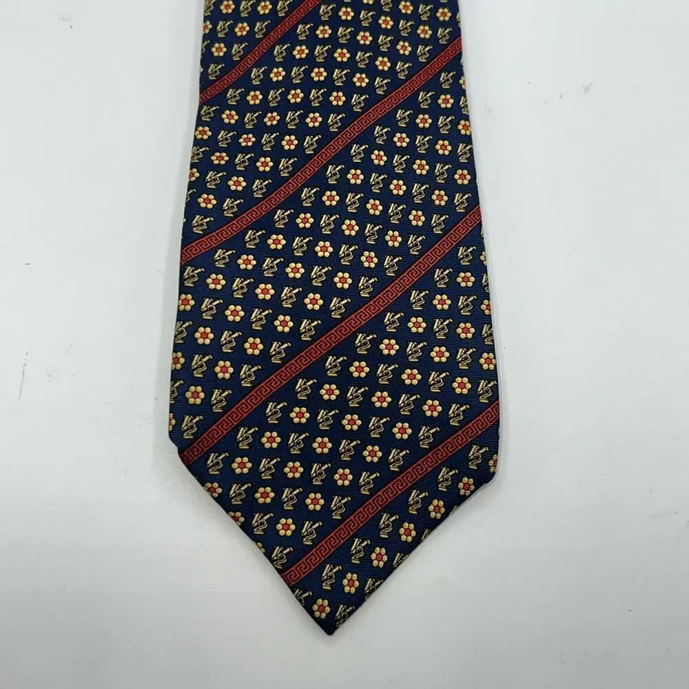 VERSACE CLASSIC V2 Navy Blue and Yellow Floral Pattern Silk Necktie